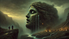 The stone form of Niobe on a hillside, rain pooling at her feet like tears