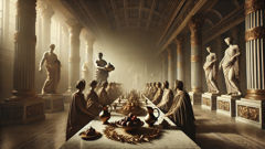 Tantalus serving a meal at a divine feast while gods look on in dismay
