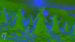 Hidden folk dance under the Icelandic midnight sun on mossy hills, tiny fires glowing