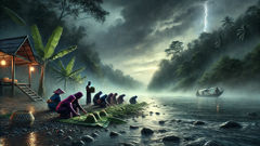 Ritual de apaciguamiento de la lluvia de los Semai en la curva del río.