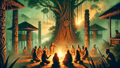 Ceremonia de los orígenes de Batang Garing, con los ancianos cantando al atardecer.