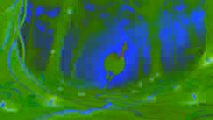 Casuario atravesando un bosque oscuro, enredaderas y raíces surgiendo alrededor de cazadores aterrorizados.
