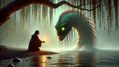 A taniwha emerges at the willow bend, confronting a young woman on the riverbank