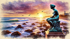 Pania’s spirit watches over Napier’s reef as sunset bathes her statue in golden light