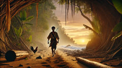 Lam-ang, viajando da selva à costa, carrega uma conta e um amuleto de madeira.
