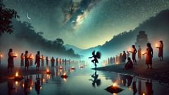 Shikani, el embaucador, y el cacique, junto al río, bajo un cielo lleno de estrellas reflejadas, ilustran lecciones de humildad y de comunidad.