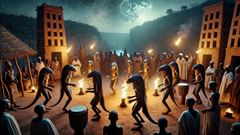 Una escena del descenso de Nommo, representada en un ritual: bailarines enmascarados, ancianos instruyendo a los jóvenes y la comunidad reunida en una puesta en escena compartida de la ley cósmica.