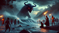 A fearsome taniwha surfaces at twilight, returning a lost child to Mahina on the riverbank