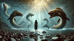 Beneath the river’s surface, many taniwha circle Mahina in an underwater realm