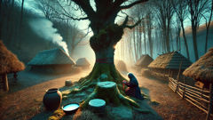 Uma anciã coloca uma tigela de leite às raízes de um carvalho, com um fio vermelho amarrado em volta de uma pedra.