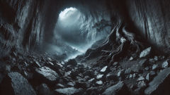 Close view of cave mouth with iron teeth glint motif, shadowed oak above