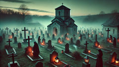 Antigo cemitério da igreja ao entardecer, onde são realizados rituais para acalmar o Drekavac.