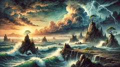 Die ersten Inseln entstehen aus dem Zusammenprall von stürmischer See und schwerem Himmel; Bäume sprießen aus dem neu entstandenen Fels.