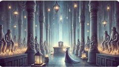Princess Bari holding a jar of the water of life before Yeomra, judge of the underworld, in a hall of bone pillars