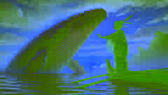 Ein junger Paikea, der die Flanke eines riesigen Wals berührt, der aus den von Morgenglühen durchströmten Gewässern auftaucht.