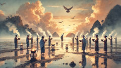 Dorfbewohner führen am Morgen auf einer Sandbank Meeres- und Himmelsrituale durch, bringen Trankopfer dar und singen zu den Elementen.