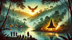 Scène au bord de la rivière à l’aube, avec la silhouette d’un oiseau-tonnerre au‑dessus d’une maison longue et de la brume sur l’eau.