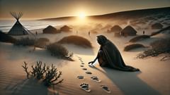 Um ancião inclina-se para seguir as estranhas pegadas deixadas ao amanhecer, um ato ritual que liga a história à terra.