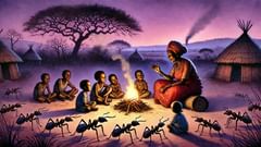 Un conteur âgé raconte aux enfants une rencontre avec un Abatwa, alors que des fourmis sillonnent la scène.