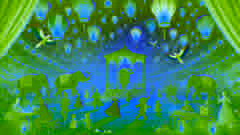 Celesteville illuminated by lanterns, with animals dancing and celebrating in the gardens.