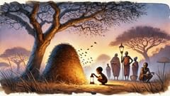 Une scène évocatrice d’une offrande déposée près d’une fourmilière, laissant entrevoir les liens moraux que les Abatwa entretiennent avec leurs voisins humains.