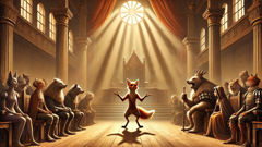 Reynard defends himself before a crowd of animals in the Dutch court.