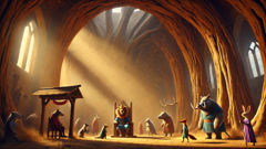 Reynard is summoned before King Nobel’s animal court in the Dutch forest.