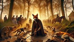 Reynard outwits hunters and villagers in the Dutch woods at dusk.