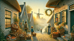Kabouter gifts: mushrooms and mended tools outside Dutch homes at sunrise