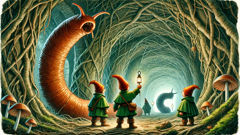 Kabouters and Bram confront giant root-worms beneath Dutch village at night