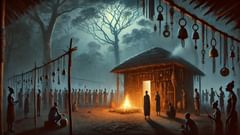Um ritual doméstico noturno: sinos de ferro e talismãs trançados pendurados para confundir e afugentar os vigias do dossel.