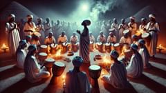 Um círculo ritual à noite: músicos, acólitos e uma mulher possuída, cuja voz se transforma ao falar em nome de um espírito.