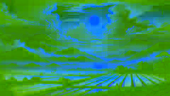 Amaterasu shining over a landscape as Susanoo storms and Tsukuyomi casts moonlight