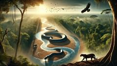 أم التابير، الأناكوندا، الجاغوار، والنسر الهاربي، يُصوَّرون كصانعي عوالم يشكّلون الأنهار ويعلّمون القوانين للناس الأوائل.