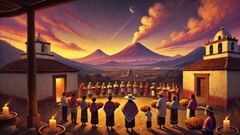 يقدّم القرويون قرابين بينما تغرب الشمس خلف Popocatépetl و Iztaccíhuatl، وتلتقي فيهما عناصر الماضي بالحاضر.