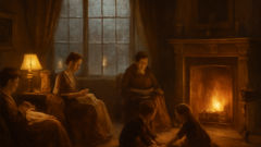 Snow falls outside a Russian manor while family gathers by the fire