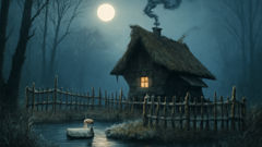 Witch's hut and frozen pond with white duck under moonlight