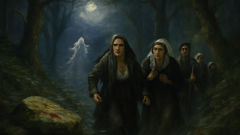 Villagers chase the shtriga through Albanian woods at night; moonlight glimmers on her silhouette.