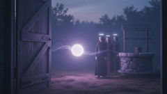 Villagers stand in a doorway watching a pale orb hover near the fence line; the light seems to react to human presence.