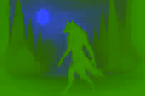 Figura fantasmal de una mujer con apariencia de lobo emergiendo del pantano a la luz de la luna.