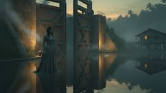 Au crépuscule, le reflet de la femme se mêle à l’ombre de la serrure, là où mémoire et eau se rencontrent.
