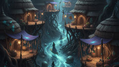 An artist's imagining of a Yacuruna neighborhood: living reeds, shell markets, and luminous gardens beneath the river.