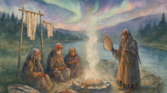 Ancianos y chamanes Sakha junto a un altar ribereño ofrecen ofrendas para honrar la tierra.