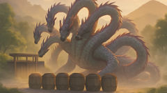 Yamata no Orochi bebiendo sake de ocho barriles en ocho puertas a lo largo de la orilla brumosa del río.