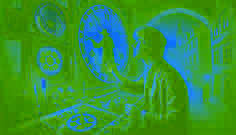 A young apprentice clockmaker works on the Orloj, unaware of Horace’s ghost, barely visible among the gears.
