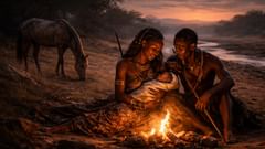Junto a la arboleda de acacias, Yennenga y el cazador Riale cuidan a su hijo, Ouedraogo, cuya vida unirá dos mundos.