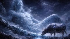 Ymir, o primeiro gigante do gelo, toma consciência enquanto a vaca primordial Audhumla emerge do gelo salgado.