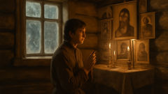 Young Avvakum at an icon corner, candlelight flickering over his solemn face.