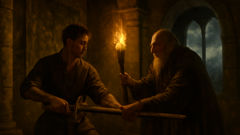 Young Bernardo del Carpio in castle shadows, learning swordplay under torchlight