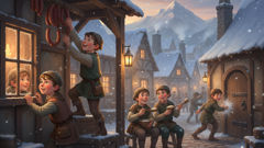 An illustrated tableau of the thirteen Yule Lads, each engaged in his characteristic mischief across a winter village.